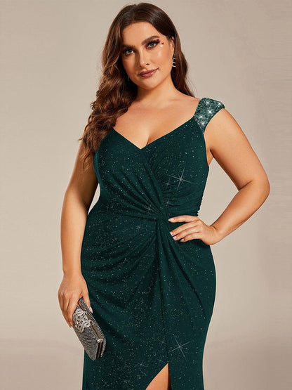 ever NOIRE|Glitter V-Neck High Slit Sequin Shoulder Strap Evening Dress