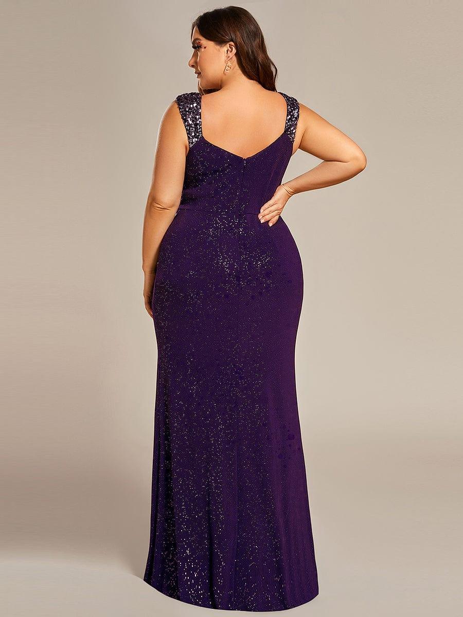 pretty NOIRE|Plus Size Glitter V-Neck High Slit Sequin Shoulder Strap Evening Dress