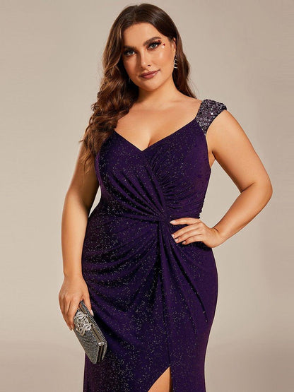 ever NOIRE|Sequin Shoulder Strap Twist High Slit Prom Dress