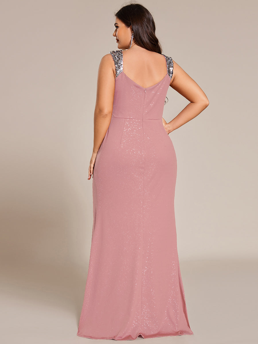 pretty NOIRE|Plus Size Glitter V-Neck High Slit Sequin Shoulder Strap Evening Dress