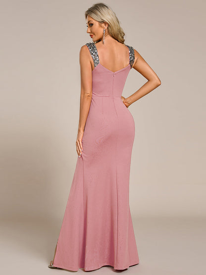 ever NOIRE|Glitter V-Neck High Slit Sequin Shoulder Strap Evening Dress