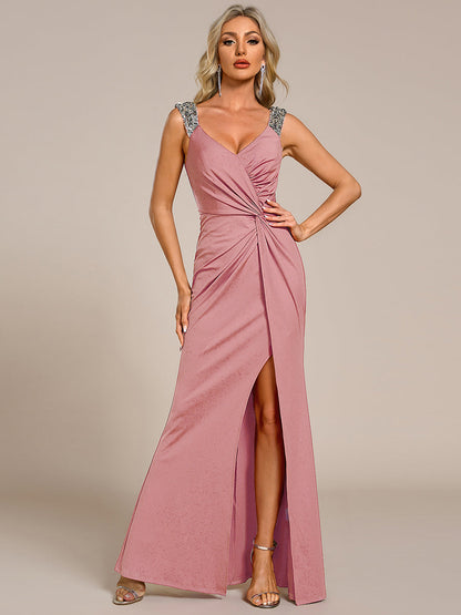ever NOIRE|Glitter V-Neck High Slit Sequin Shoulder Strap Evening Dress