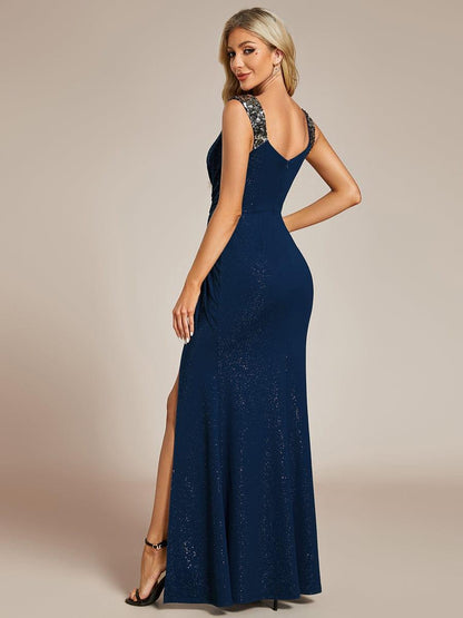 ever NOIRE|Sequin Shoulder Strap Twist High Slit Prom Dress