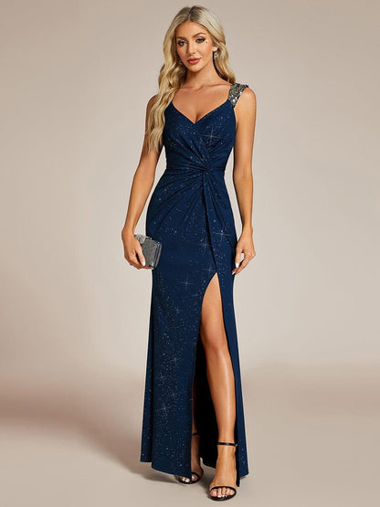ever NOIRE|Glitter V-Neck High Slit Sequin Shoulder Strap Wedding Guest Dress