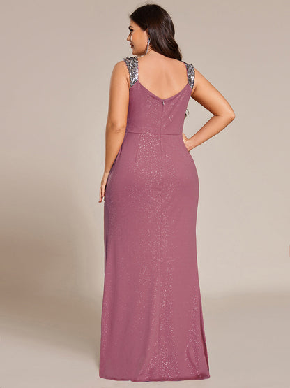 pretty NOIRE|Plus Size Glitter V-Neck High Slit Sequin Shoulder Strap Evening Dress