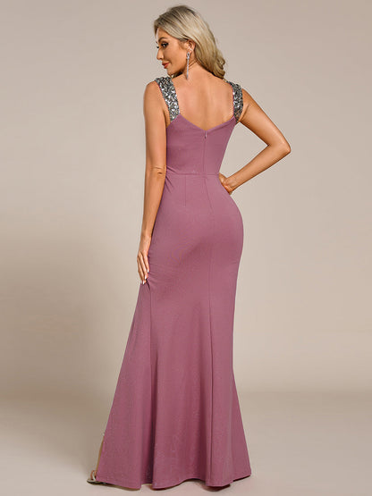 ever NOIRE|Glitter V-Neck High Slit Sequin Shoulder Strap Evening Dress