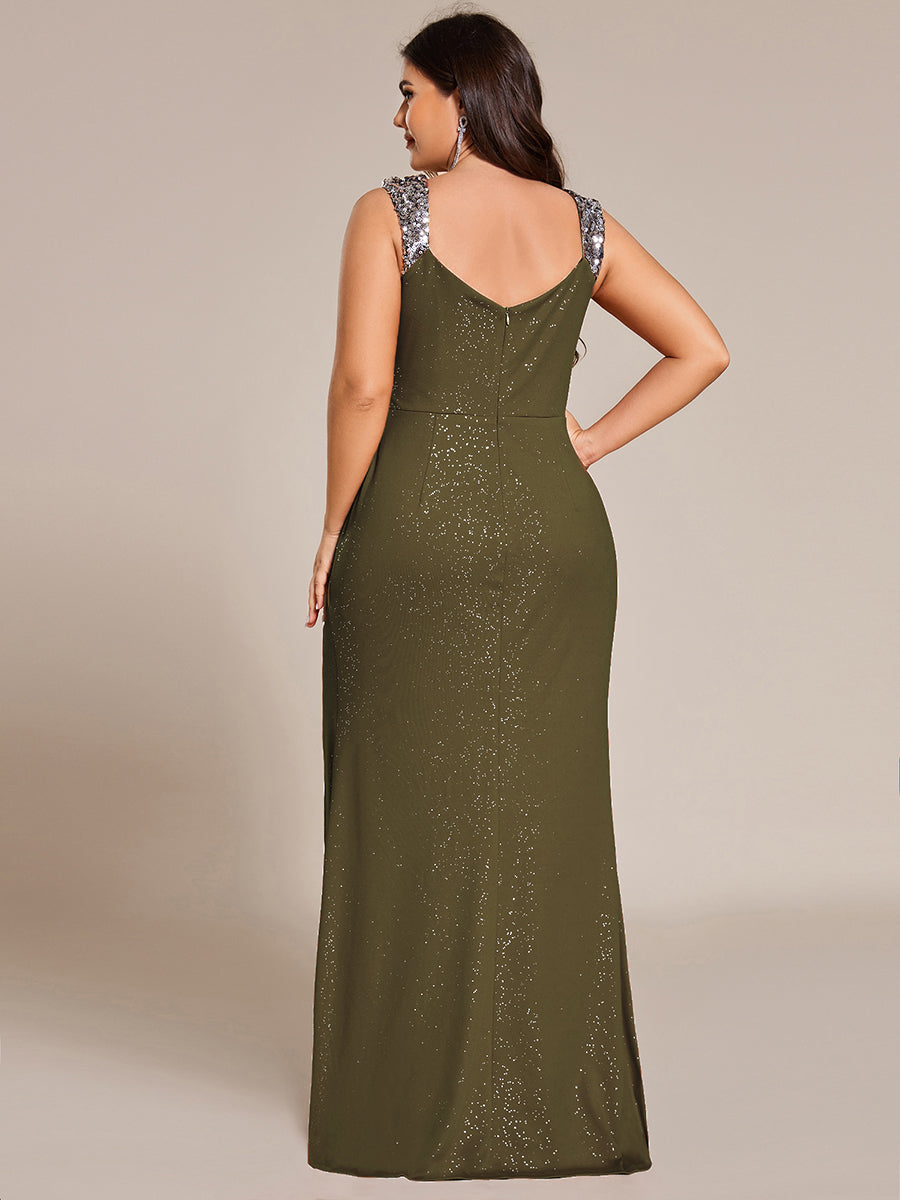 pretty NOIRE|Plus Size Sequin Shoulder Strap Wedding Guest Dress with Side Slit