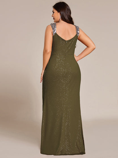 ever NOIRE|Glitter V-Neck High Slit Sequin Shoulder Strap Wedding Guest Dress