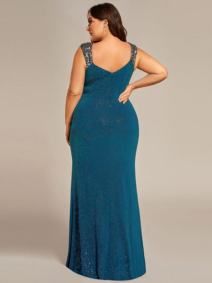 ever NOIRE|Glitter V-Neck High Slit Sequin Shoulder Strap Wedding Guest Dress
