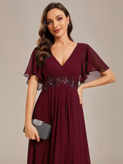 ever IVYROSE|Ruffles Sleeve A-Line Chiffon Waist Applique Maxi Mother of the Bride Dress