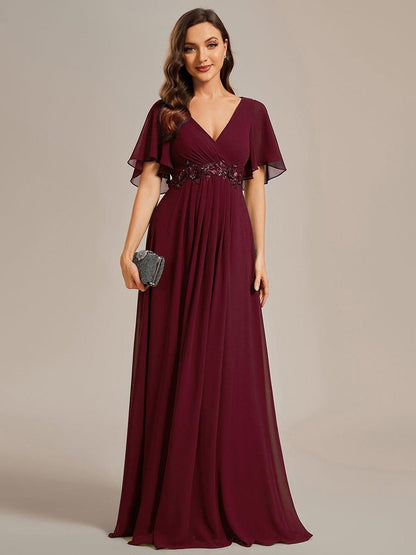 ever IVYROSE|Ruffles Sleeve A-Line Chiffon Waist Applique Maxi Mother of the Bride Dress