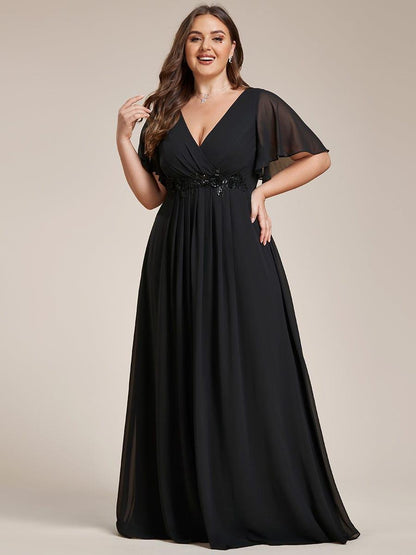 ever IVYROSE|Ruffles Sleeve A-Line Chiffon Waist Applique Maxi Formal Evening Dress