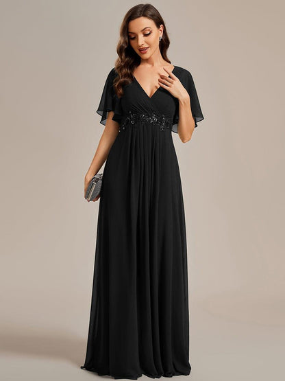 ever IVYROSE|Ruffles Sleeve A-Line Chiffon Waist Applique Maxi Formal Evening Dress