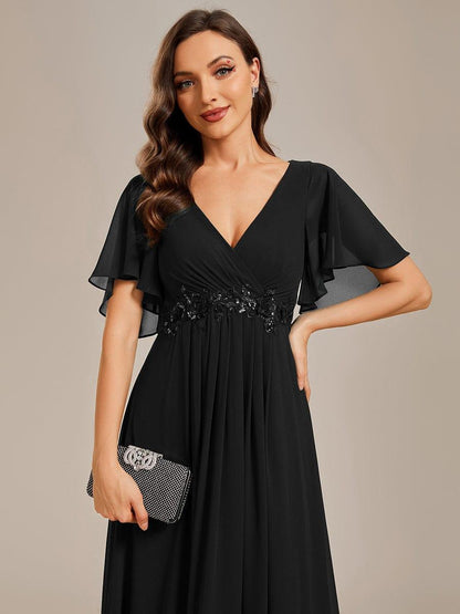 ever IVYROSE|Ruffles Sleeve A-Line Chiffon Waist Applique Maxi Formal Evening Dress