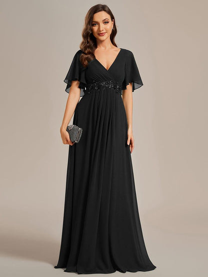 ever IVYROSE|Ruffles Sleeve A-Line Chiffon Waist Applique Maxi Mother of the Bride Dress