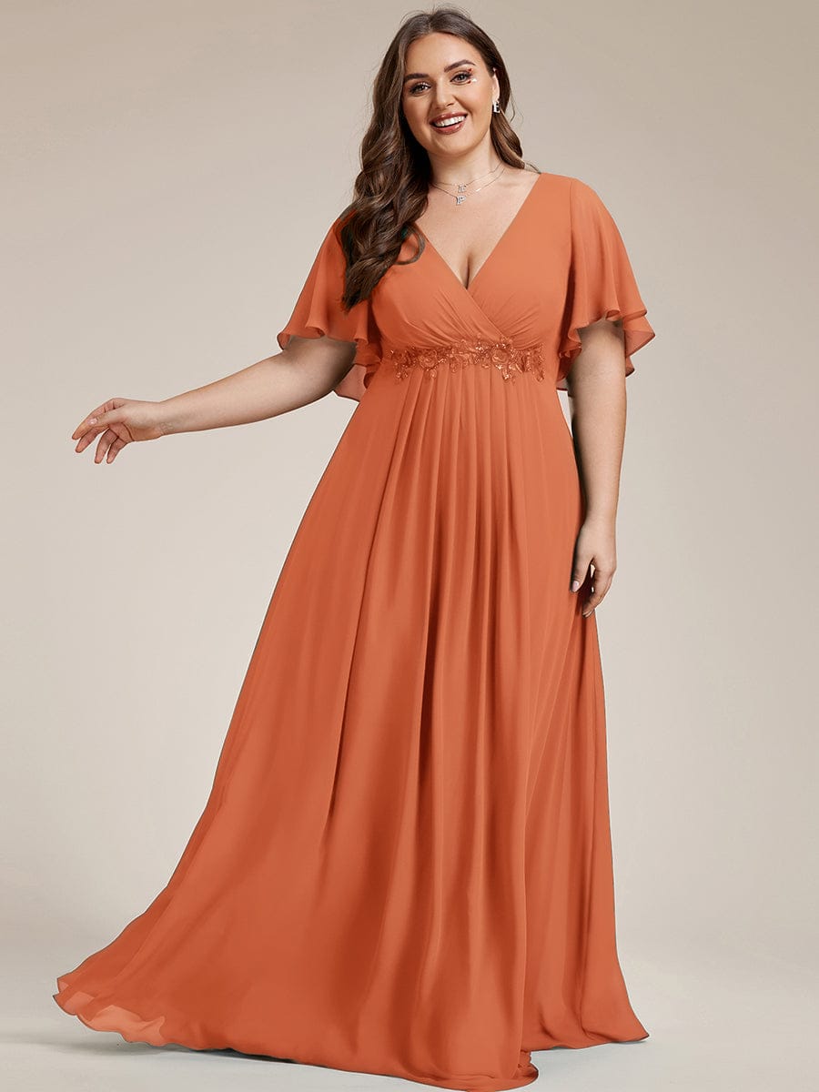 ever IVYROSE|Ruffles Sleeve A-Line Chiffon Waist Applique Maxi Formal Evening Dress
