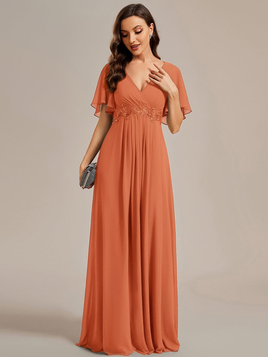 ever IVYROSE|Ruffles Sleeve A-Line Chiffon Waist Applique Maxi Formal Evening Dress