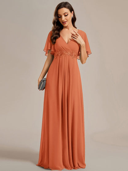 ever IVYROSE|Ruffles Sleeve A-Line Chiffon Waist Applique Maxi Formal Evening Dress