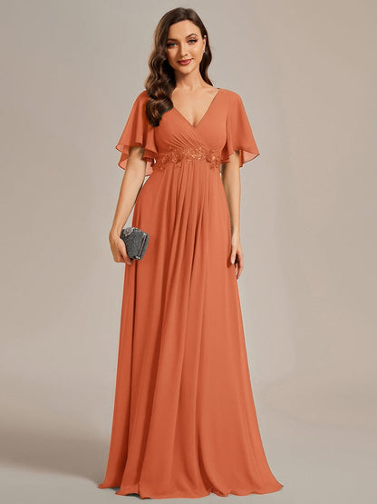 ever IVYROSE|Ruffles Sleeve A-Line Chiffon Waist Applique Maxi Formal Evening Dress