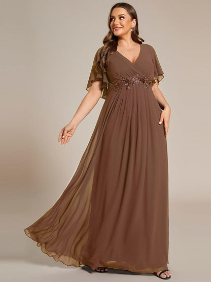 pretty IVYROSE|Plus Size Floral Applique Short Sleeve A-Line Chiffon Formal Evening Dress