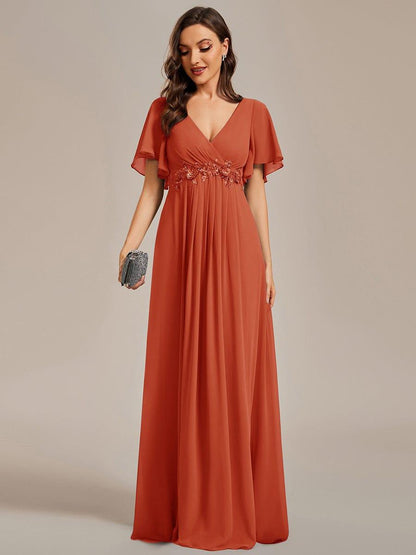 ever IVYROSE|Ruffles Sleeve A-Line Chiffon Waist Applique Maxi Mother of the Bride Dress