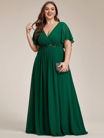 ever IVYROSE|Ruffles Sleeve A-Line Chiffon Waist Applique Maxi Formal Evening Dress