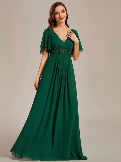 ever IVYROSE|Ruffles Sleeve A-Line Chiffon Waist Applique Maxi Mother of the Bride Dress