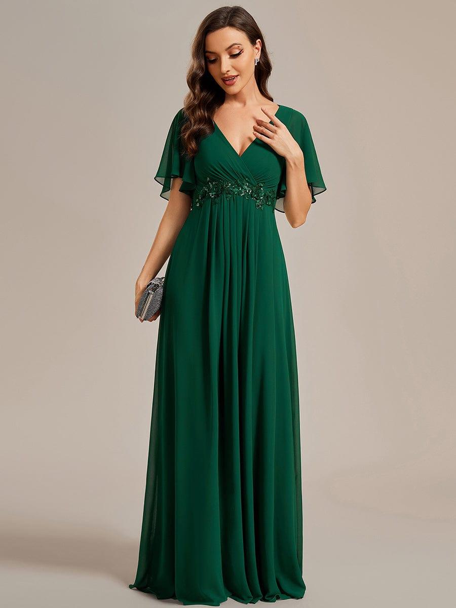 ever IVYROSE|Ruffles Sleeve A-Line Chiffon Waist Applique Maxi Formal Evening Dress