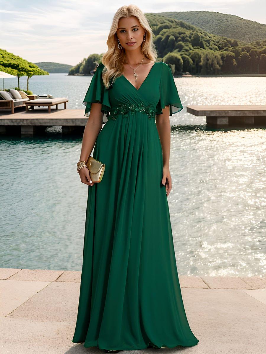 ever IVYROSE|Ruffles Sleeve A-Line Chiffon Waist Applique Maxi Mother of the Bride Dress