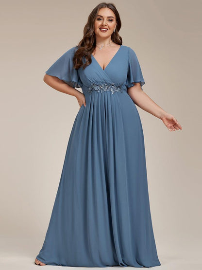 ever IVYROSE|Ruffles Sleeve A-Line Chiffon Waist Applique Maxi Formal Evening Dress