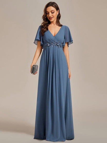ever IVYROSE|Ruffles Sleeve A-Line Chiffon Waist Applique Maxi Mother of the Bride Dress