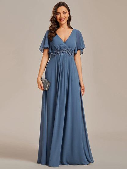 ever IVYROSE|Ruffles Sleeve A-Line Chiffon Waist Applique Maxi Mother of the Bride Dress