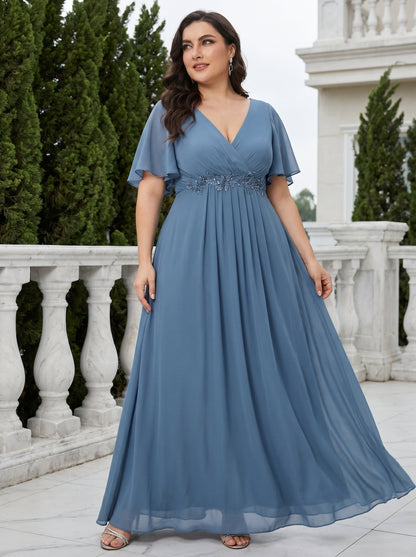 pretty IVYROSE|Plus Size Floral Applique Short Sleeve A-Line Chiffon Formal Evening Dress