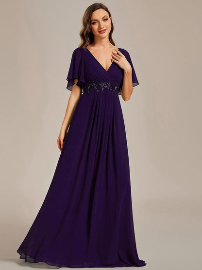 ever IVYROSE|Ruffles Sleeve A-Line Chiffon Waist Applique Maxi Mother of the Bride Dress
