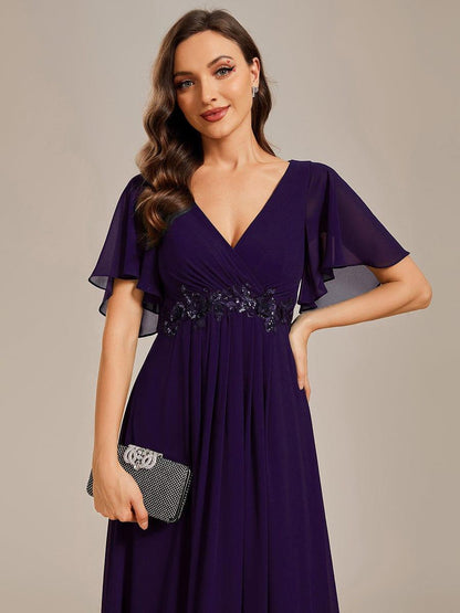 ever IVYROSE|Ruffles Sleeve A-Line Chiffon Waist Applique Maxi Mother of the Bride Dress