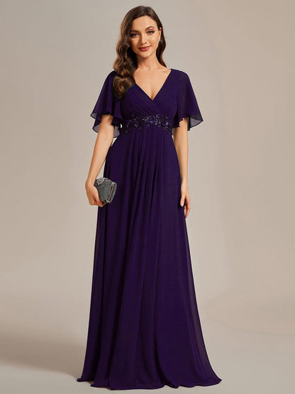 ever IVYROSE|Ruffles Sleeve A-Line Chiffon Waist Applique Maxi Mother of the Bride Dress