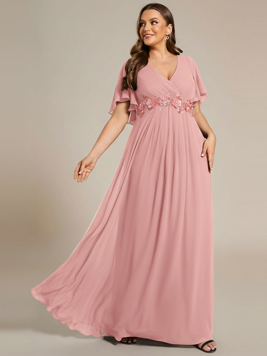 ever IVYROSE|Ruffles Sleeve A-Line Chiffon Waist Applique Maxi Wedding Guest Dress