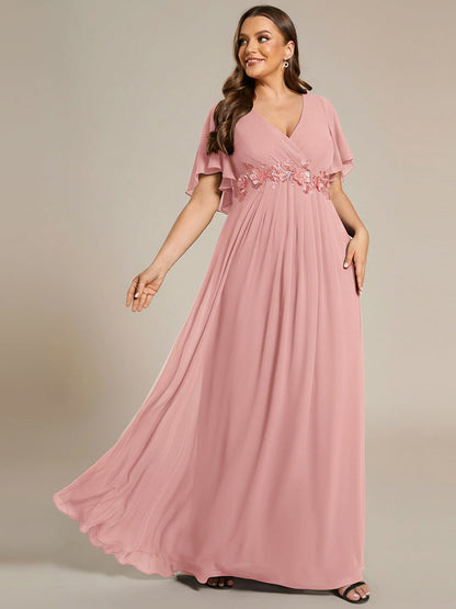 pretty IVYROSE|Plus Size Floral Applique Short Sleeve A-Line Chiffon Formal Evening Dress