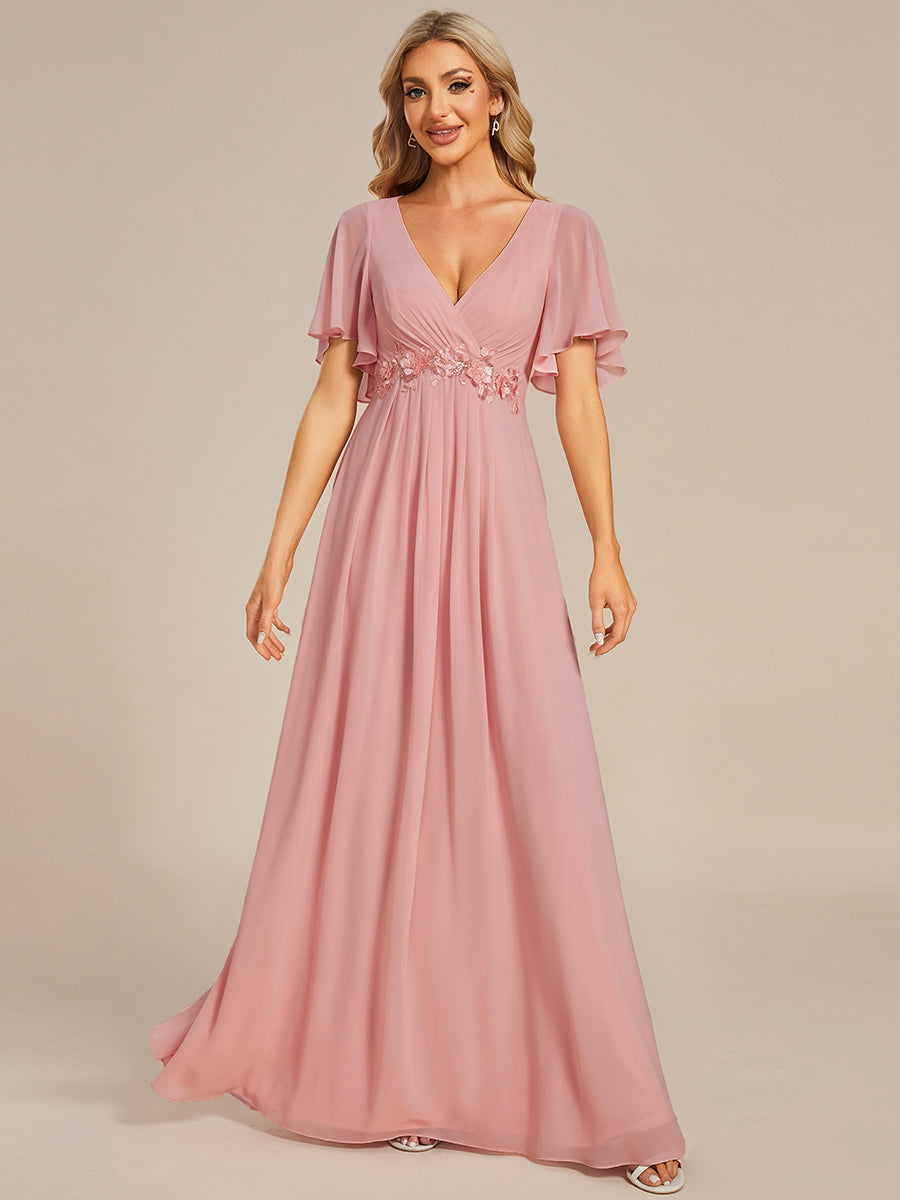 ever IVYROSE|Ruffles Sleeve A-Line Chiffon Waist Applique Maxi Wedding Guest Dress
