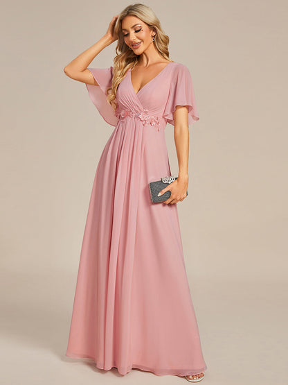 ever IVYROSE|Ruffles Sleeve A-Line Chiffon Waist Applique Maxi Wedding Guest Dress