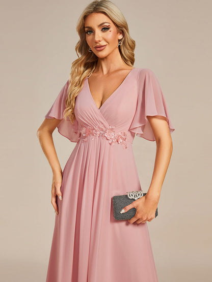 ever IVYROSE|Ruffles Sleeve A-Line Chiffon Waist Applique Maxi Wedding Guest Dress