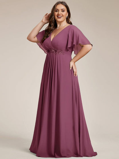 ever IVYROSE|Ruffles Sleeve A-Line Chiffon Waist Applique Maxi Formal Evening Dress