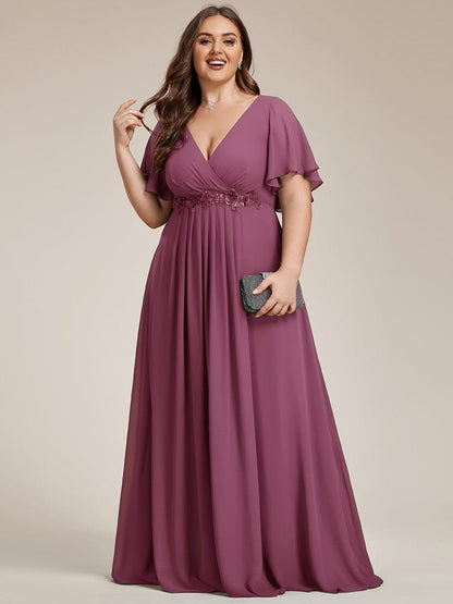 pretty IVYROSE|Plus Size Floral Applique Short Sleeve A-Line Chiffon Formal Evening Dress