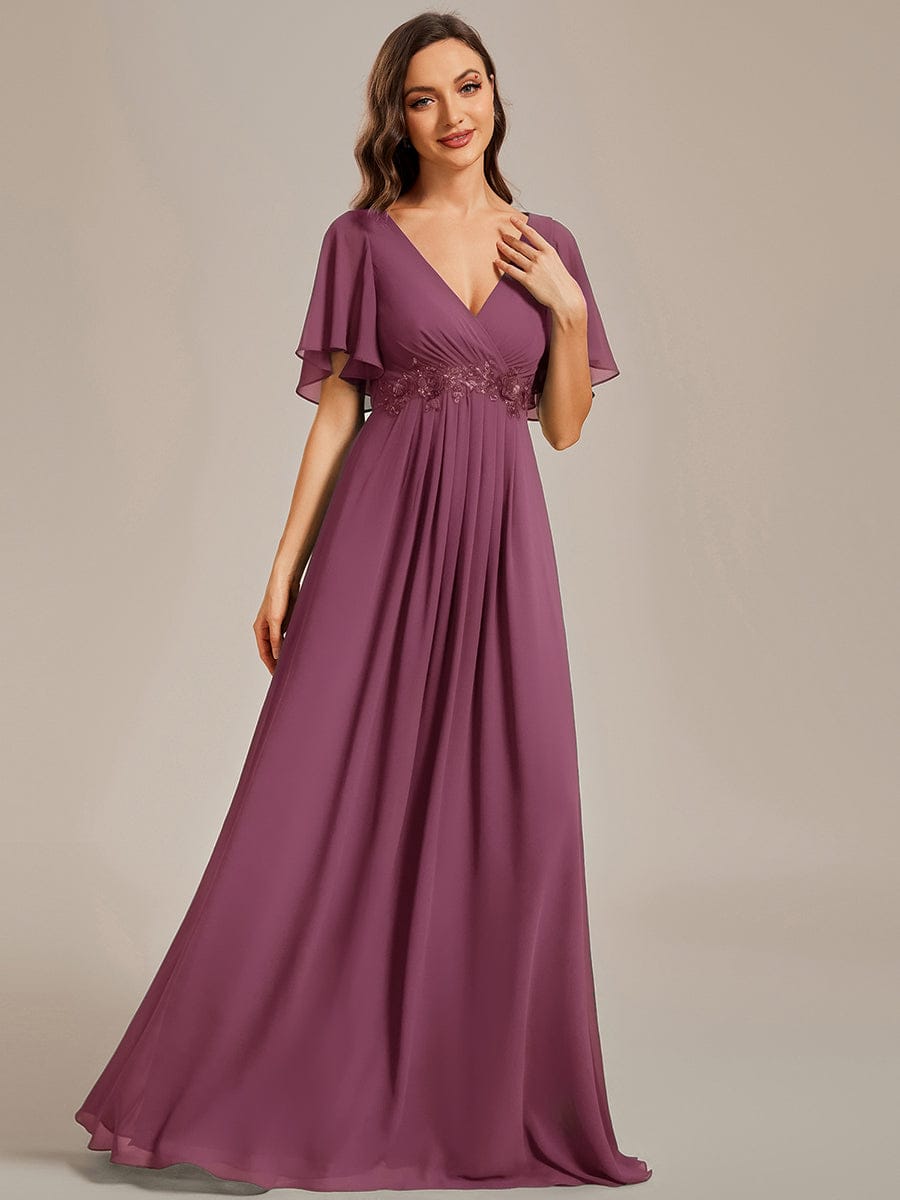 ever IVYROSE|Ruffles Sleeve A-Line Chiffon Waist Applique Maxi Mother of the Bride Dress