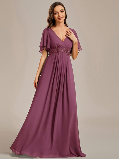 ever IVYROSE|Ruffles Sleeve A-Line Chiffon Waist Applique Maxi Formal Evening Dress