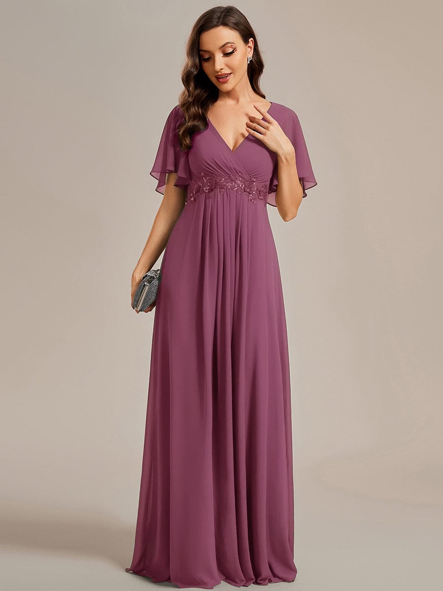 ever IVYROSE|Ruffles Sleeve A-Line Chiffon Waist Applique Maxi Mother of the Bride Dress