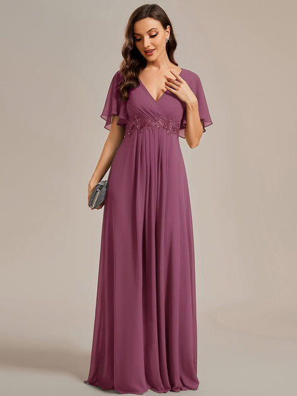 ever IVYROSE|Ruffles Sleeve A-Line Chiffon Waist Applique Maxi Mother of the Bride Dress
