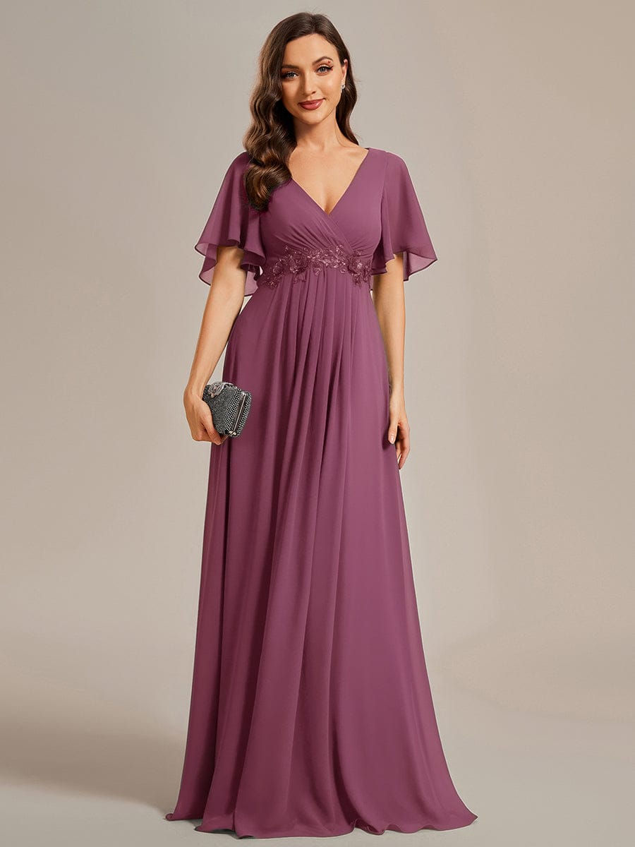 ever IVYROSE|Ruffles Sleeve A-Line Chiffon Waist Applique Maxi Formal Evening Dress