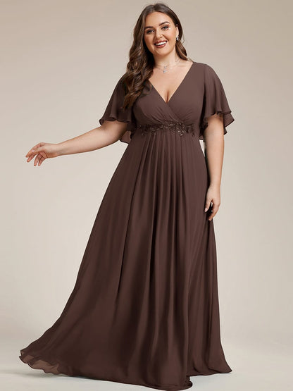 pretty IVYROSE|Plus Size Floral Applique Short Sleeve A-Line Chiffon Formal Evening Dress
