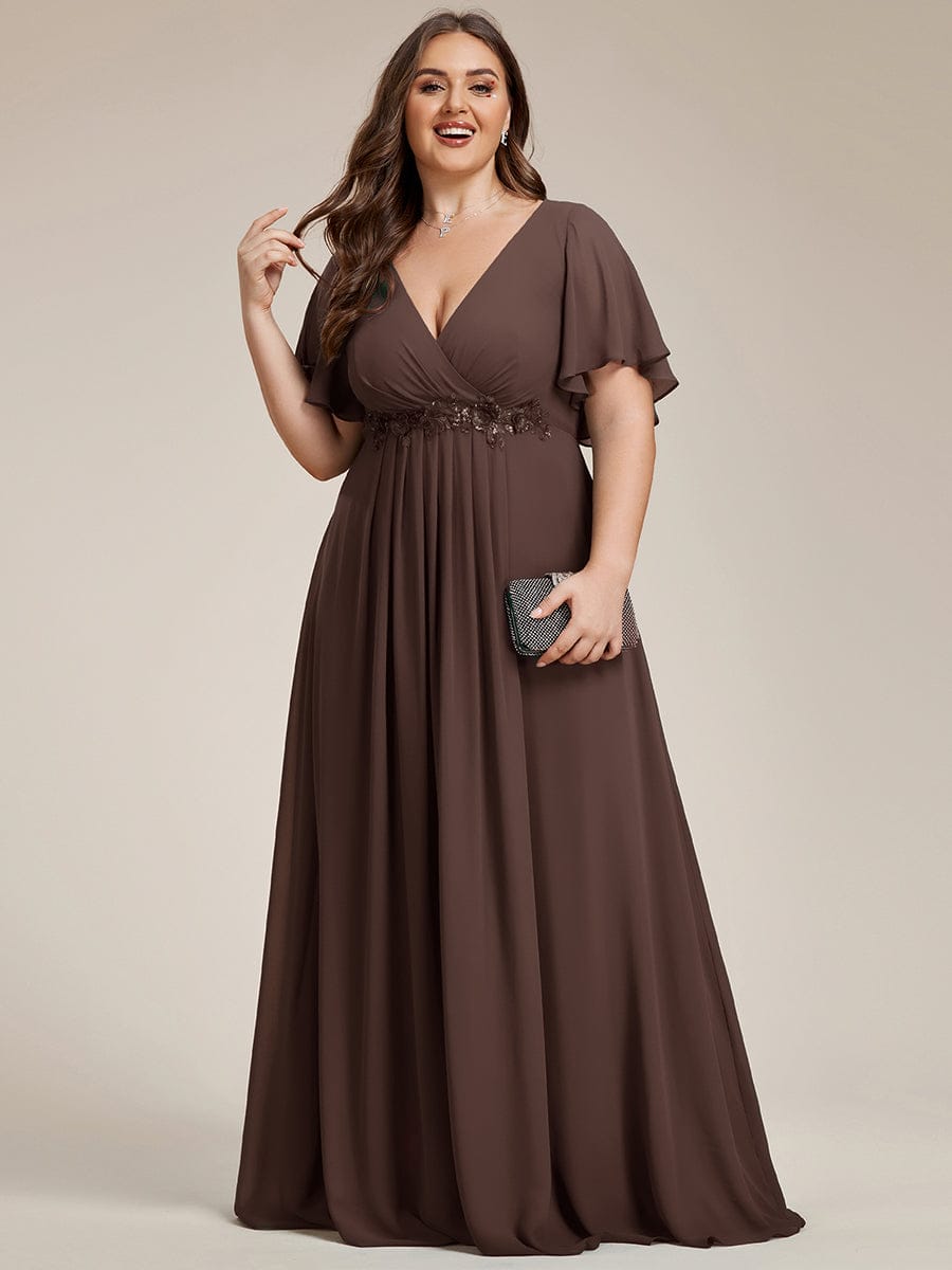 ever IVYROSE|Ruffles Sleeve A-Line Chiffon Waist Applique Maxi Mother of the Bride Dress